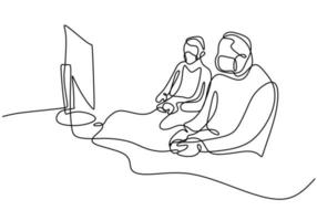 Continuous line drawing of gamers with protective face mask. vector