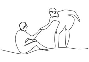 One line drawing of people help the others. Young man helping the other man who have fallen show solidarity gesture. Humanitarian day. Mutual support concept. Minimal style vector illustrations