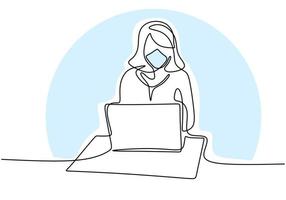 Continuous line drawing of professional young business woman on computer. Beautiful lady using her laptop to work in pandemic while wear a mask isolated on white background. Work from home concept. vector