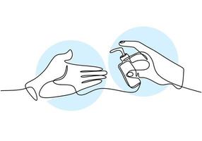 Continuous one line drawing hand holding liquid sop. Hand sanitizer to clean your hands to avoid viruses COVID-19. Wash your hand. Antiseptic in bottle isolated on white background vector