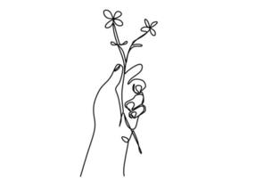 Continuous line drawing of hand holding beautiful flower minimalist style isolated on a white background. Awesome flower symbol of romantic love. Vector design illustration