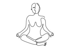 Continuous one line drawing of woman doing exercise in yoga pose. Healthy young girl sitting crossing leg with yoga lotus pose. vector