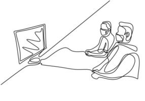 Continuous line drawing of gamers with protective face mask. vector