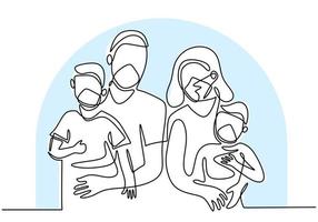 Continuous one line drawing of family wearing protective medical masks and staying at home during pandemic COVID-19. vector