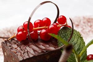 Chocolate cake with red currants photo