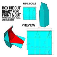 plantilla de cubo troquelado de caja con vista previa 3d organizada con corte, pliegue, modelo y dimensiones listas para cortar e imprimir, a escala completa y completamente funcional. preparado para cartón real vector