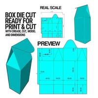 plantilla de cubo troquelado de caja con vista previa 3d organizada con corte, pliegue, modelo y dimensiones listas para cortar e imprimir, a escala completa y completamente funcional. preparado para cartón real vector