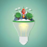 Rocket launch on light bulb cut paper eco friendly concept vector