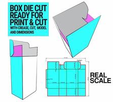 plantilla de cubo troquelado de caja con vista previa 3d organizada con corte, pliegue, modelo y dimensiones listas para cortar e imprimir, a escala completa y completamente funcional. preparado para cartón real vector