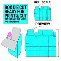 plantilla de cubo troquelado de caja con vista previa 3d organizada con corte, pliegue, modelo y dimensiones listas para cortar e imprimir, a escala completa y completamente funcional. preparado para cartón real vector