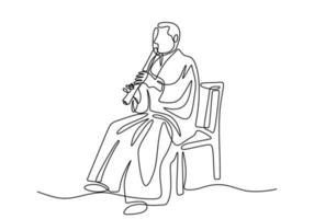 One continuous single line drawing of a man with Shakuhachi flute, traditional music of Japan. vector