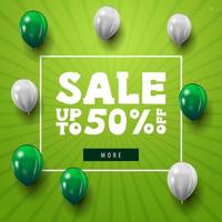 Banner web verde minimalista de descuento moderno con globos blancos y verdes vector