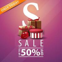 Modern pink discount banner with gifts, up to 50 off vector