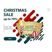 Christmas sale, up to 70 off, modern pop up for website with Christmas candle, old parchment, Christmas ball and cone vector