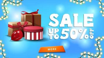 Blue discount banner with blurred background, gift boxes, garland and button vector