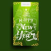 Happy New Year, green vertical greeting card with beautiful lettering vector