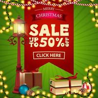 Christmas sale, up to 50 off, square green and red discount banner with pole lantern, gift, Christmas tree branch with a cone and a Christmas ball vector