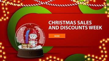 Christmas sales and discount week, red bright horizontal modern web banner with button and snow globe with snowman vector