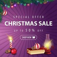 Special offer, Christmas sale, up to 50 off, square purple discount banner with garland, Christmas tree branch, Christmas candle, antique lamp, Christmas book, Christmas ball and cone vector