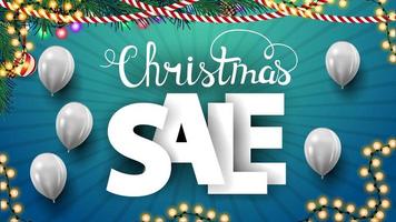 Christmas sale, blue square discount banner with large volumetric letters and white balloons against blue background vector