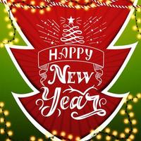 Happy New Year, red and green postcard in paper cut style Christmas tree vector