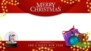 Merry Christmas, red and white template for your arts with presents and snow globe with snowmen inside vector