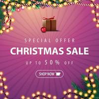 Special offer, Christmas sale, up to 50 off. Pink discount banner with Christmas tree branches and garland. vector