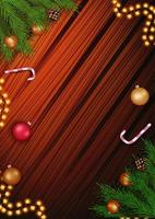 Christmas template for your arts with copy space, garland, Christmas tree branch and candy cane on the wooden background vector