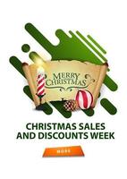 Christmas sales and discount week, modern white minimalistic discount banner with Christmas candle, old parchment, Christmas ball and cone vector