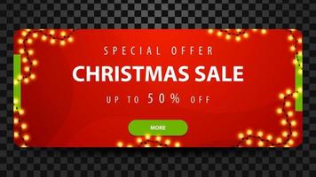 Christmas sale, up to 50 off, red bright horizontal modern web banner with button and garland. vector