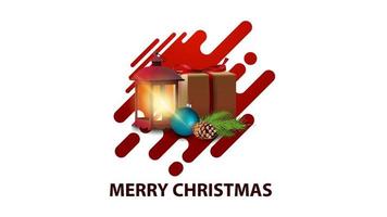 Postal navideña moderna minimalista blanca con regalo, linterna vintage, rama de árbol de navidad con un cono y una bola navideña vector