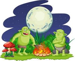 Night scene with goblin or troll cartoon character vector