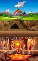 Volcano eruption in nature forest scene at daytime and cave scene and infernal cave scene vector