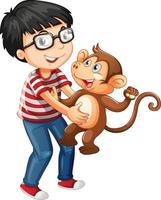 Boy holding a little monkey isolated on white background vector