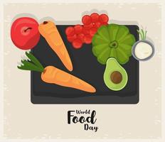 world food day poster with vegetables on board on beige background vector