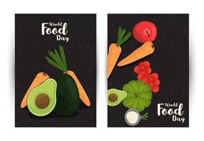 cartel del día mundial de la alimentación con verduras sobre fondo blanco y negro vector