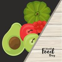 cartel del día mundial de la alimentación con verduras en fondo negro y madera vector
