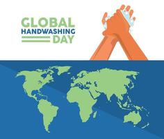 global handwashing day lettering with hands washing and earth maps vector
