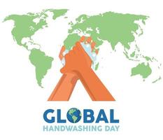 global handwashing day lettering with hands washing and earth maps vector