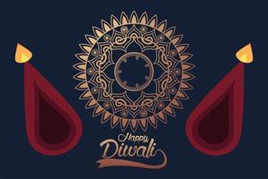 happy diwali celebration with two candles and golden mandala vector