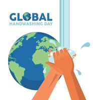 global handwashing day lettering with hands washing and earth planet vector