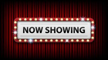Now showing with electric bulbs frame on red curtain background vector