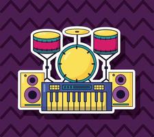 synth, drums, and speakers for music colorful background vector