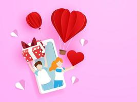 loving couple giving gift box and red heart from mobile phone vector