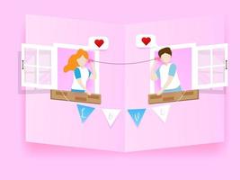 Pareja de enamorados llamando con teléfono hecho de latas y cuerda vector