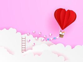 love couple flying with red  heart shape balloon vector