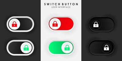 Minimalist Switch Button Lock Unlock in Neumorphism Design. Simple, modern and elegant. Smooth and soft 3D user interface. Light mode and Dark Mode. For website or apps design. Vector Illustration.