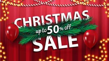 Christmas sale, up to 50 off, red horizontal discount banner with Christmas tree branches, balloons and garland vector