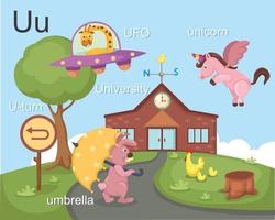 Alphabet U letter ufo, u-turn, umbrella, university, unicorn vector