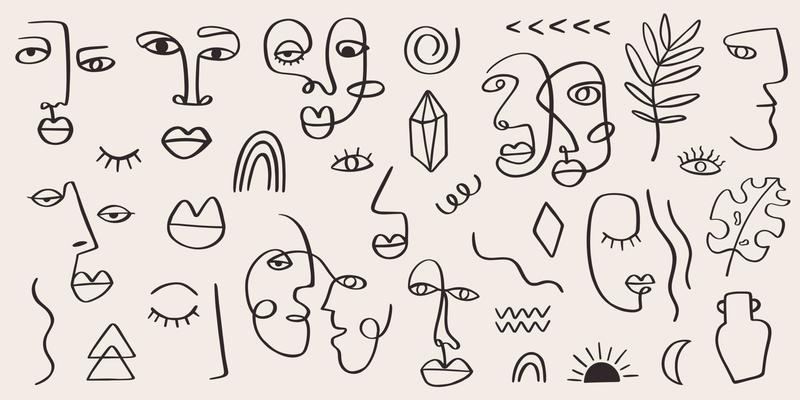 Abstract tribal woman portrait set in continuous line art. Fashion contemporary elements with ethnic female faces, leaves, flowers, shapes in modern Ink painting style. Minimalistic aesthetic concept